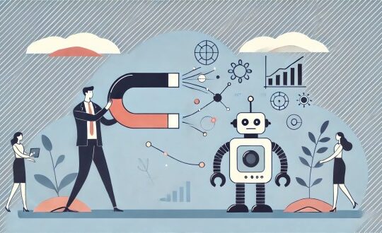 Man holds up magnet to robot in blue pastel image