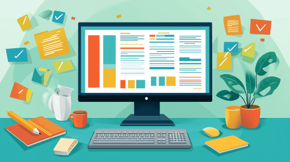 Colorful flat AI art showing monitor displaying blocks and text