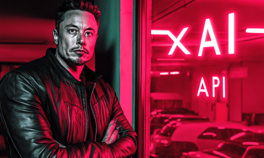 AI art of Elon Musk wearing leather jacket standing beside pink neon sign reading xAI API