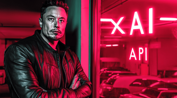 AI art of Elon Musk wearing leather jacket standing beside pink neon sign reading xAI API