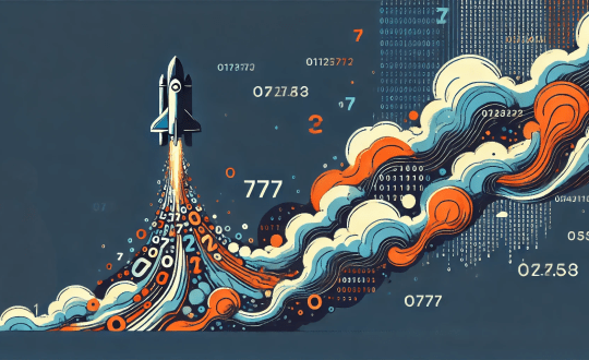 AI illustration of rocket blasting off releasing code exhaust against navy blue background