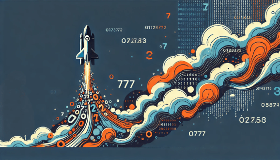 AI illustration of rocket blasting off releasing code exhaust against navy blue background