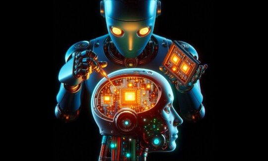 Robot peering inside head of another robot