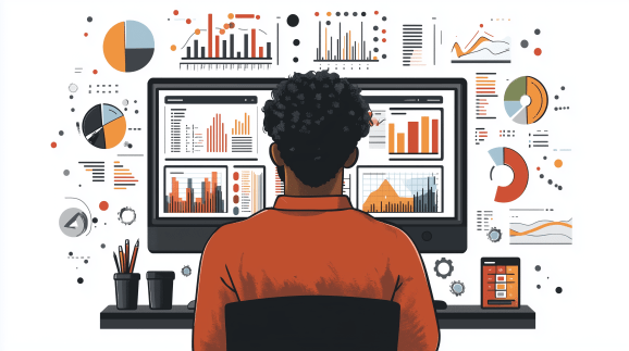 Illustrated AI image showing a black man with curly dark hair staring away from us at computer monitor displaying and surrounded by colorful charts and graphs on a white backdrop