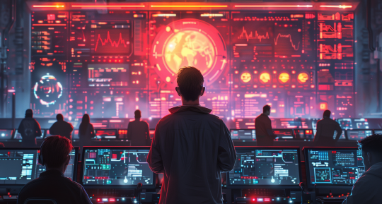 Silhouettes of white collar workers standing in a dark control room with boards of numerous glowing blue and red screens and dials overlooking a large wall sized screen displaying red data and a model of the Earth