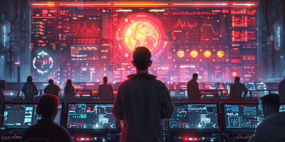 Silhouettes of white collar workers standing in a dark control room with boards of numerous glowing blue and red screens and dials overlooking a large wall sized screen displaying red data and a model of the Earth