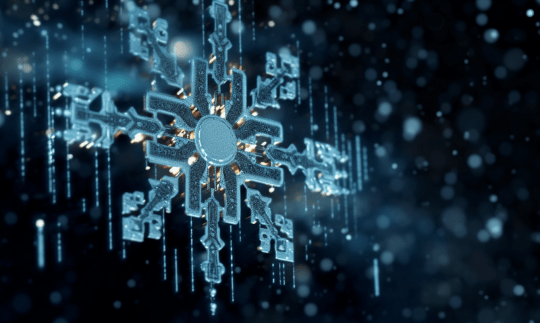 Snowflake made of circuitry and computer code.