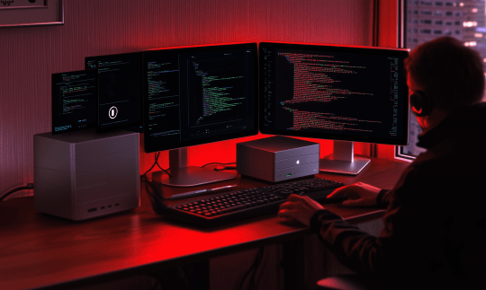 Man sits at desk workstation looking at multiple monitors with red illumination