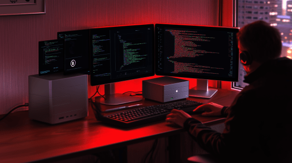 Man sits at desk workstation looking at multiple monitors with red illumination