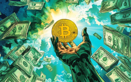 a hand holding a crypto coin with lots of banknotes falling down around