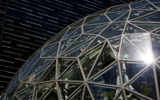 Photo of an Amazon Sphere, part of its campus, as Amazon Web Services (AWS) announces new tools, features, and artificial intelligence models for developers using its fully-managed Bedrock generative AI service.