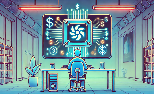A cartoon style AI image in blue hues of a male software developer working in front of a large screen monitor displaying glowing circuitry and GPU fan and neon glowing dollar signs
