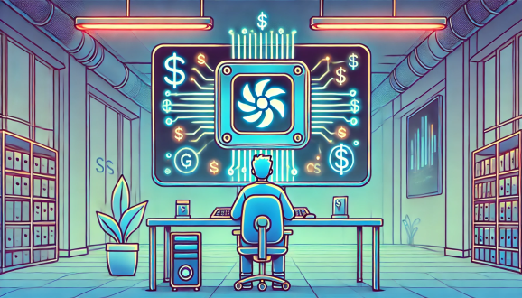 A cartoon style AI image in blue hues of a male software developer working in front of a large screen monitor displaying glowing circuitry and GPU fan and neon glowing dollar signs