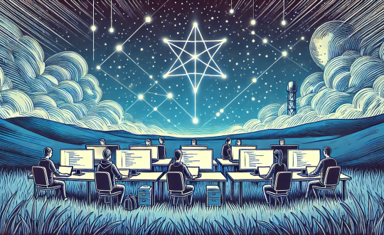 vector art, line art, flat art, graphic novel style image of a team of software developers working on laptops and desks and multi monitors in an open field under a starry sky with a constellation forming a giant star