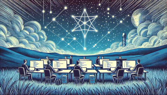 vector art, line art, flat art, graphic novel style image of a team of software developers working on laptops and desks and multi monitors in an open field under a starry sky with a constellation forming a giant star