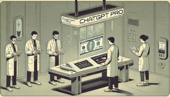 Gray and beige image of scientists in lab coats gathered around a square console with transparent container displaying a dollar bill and the words ChatGPT Pro