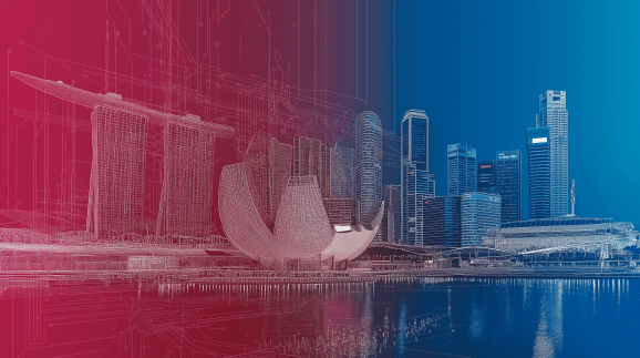 Gradient blue and pink AI artwork showing white pencil sketch of Singapore skyline