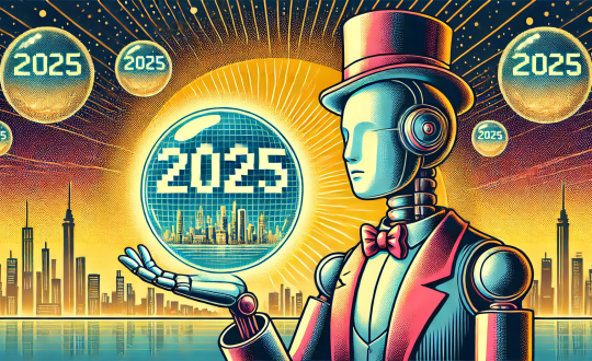 A robot wearing top hat and tuxedo with bow tie gazes at a crystal ball reading 2025.