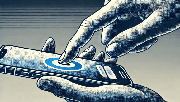 Hands tapping an iPhone screen.