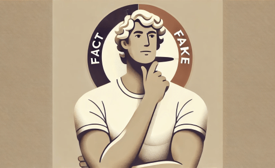 A curly haired man stands in front of a dial labeled Fact and Fake in flat beige AI illustration