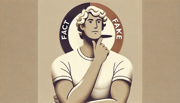 A curly haired man stands in front of a dial labeled Fact and Fake in flat beige AI illustration