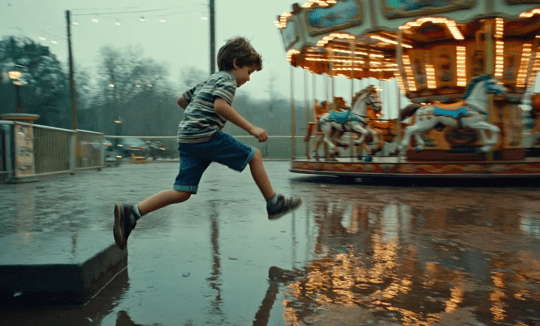 Frames showcase image of cinematic shot of a boy jumping over a puddle in front of a carousel, slight motion blur, shot on film, muted colors, influencer style