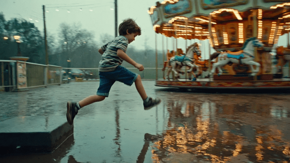 Frames showcase image of cinematic shot of a boy jumping over a puddle in front of a carousel, slight motion blur, shot on film, muted colors, influencer style