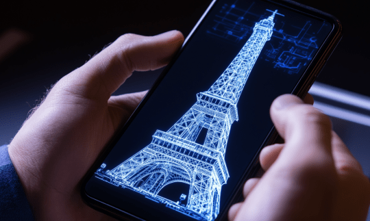 POV light skin hands holding smartphone displaying 3D wireframe white eiffel tower on black background