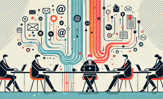 A group of well dressed simplified men and women figures sit around a long table under colorful squiggly lines and productivity icons while typing on laptops in AI flat illustration