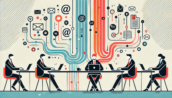 A group of well dressed simplified men and women figures sit around a long table under colorful squiggly lines and productivity icons while typing on laptops in AI flat illustration