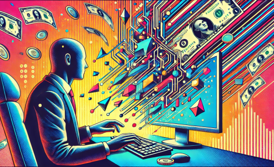 Bald featureless human figure in suit types on desktop computer exploding with colorful polygons and money in front of gradient orange and yellow background with white lines