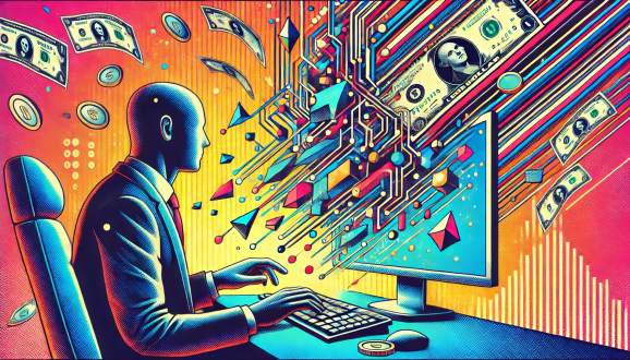 Bald featureless human figure in suit types on desktop computer exploding with colorful polygons and money in front of gradient orange and yellow background with white lines