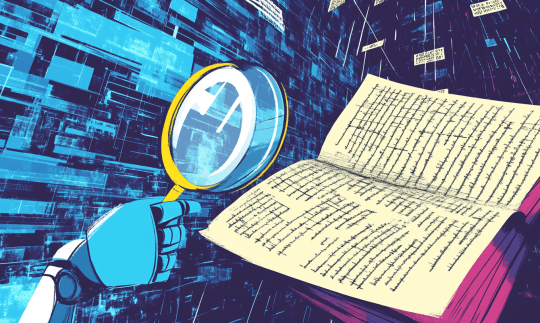 Blue robot hand holds yellow rimmed magnifying glass up to beige book with black text and purple edged pages in AI flat illustration