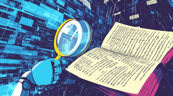 Blue robot hand holds yellow rimmed magnifying glass up to beige book with black text and purple edged pages in AI flat illustration