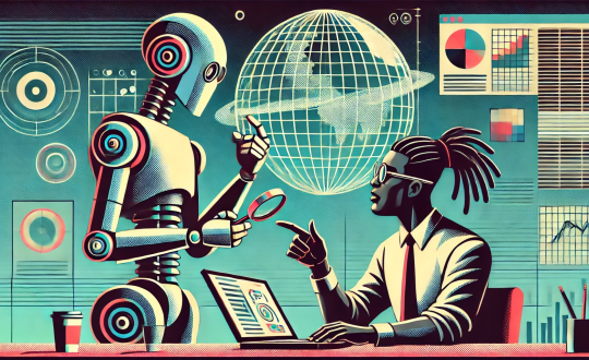 A dreadlocked developer speaks with a robot in front of a 3D wireframe map of the Earth in a 2D AI illustration