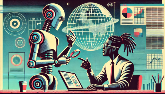 A dreadlocked developer speaks with a robot in front of a 3D wireframe map of the Earth in a 2D AI illustration