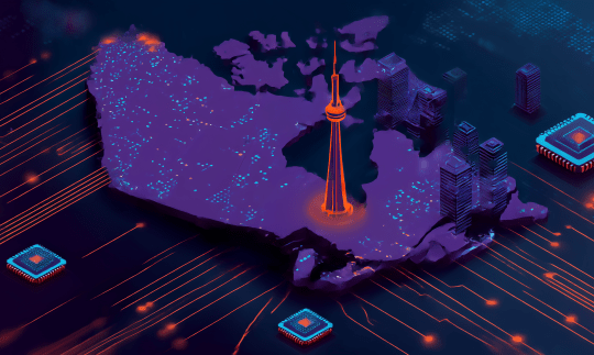 isometric view minimalistic colorful pop art retro style illustration showing isometric view of Canada map with CN tower icon denoting Toronto surrounded by circuitry roadways and tiny microchip buildings extending outward radially across the map