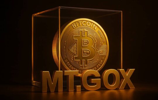 เหรียญ Bitcoin สีทองอยู่ในกล่องใสพร้อมตัวอักษร MT.GOX