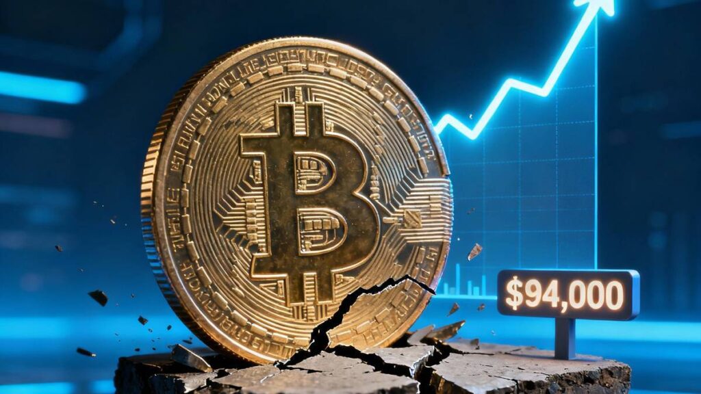 เหรียญ Bitcoin สีทองตั้งอยู่บนพื้นแตก พร้อมกราฟพุ่งขึ้น