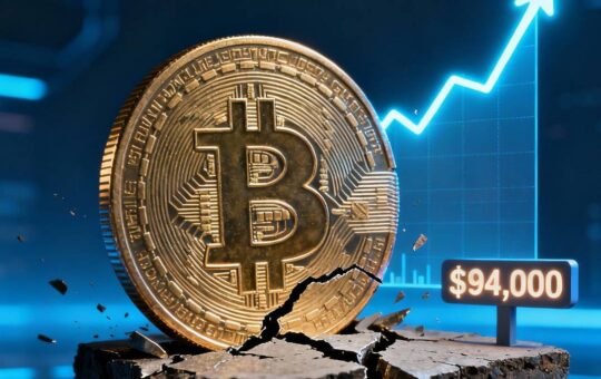 เหรียญ Bitcoin สีทองตั้งอยู่บนพื้นแตก พร้อมกราฟพุ่งขึ้น