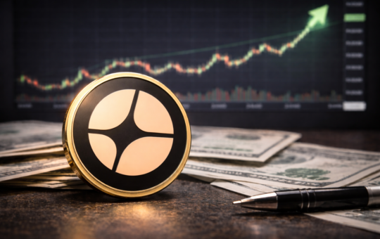 Aster cryptocurrency token placed on dollar banknotes and a desk with a trading chart rising in the background.