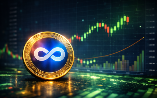 A single Axie Infinity (AXS) token coin placed in front of a blurred cryptocurrency candlestick trading chart background.