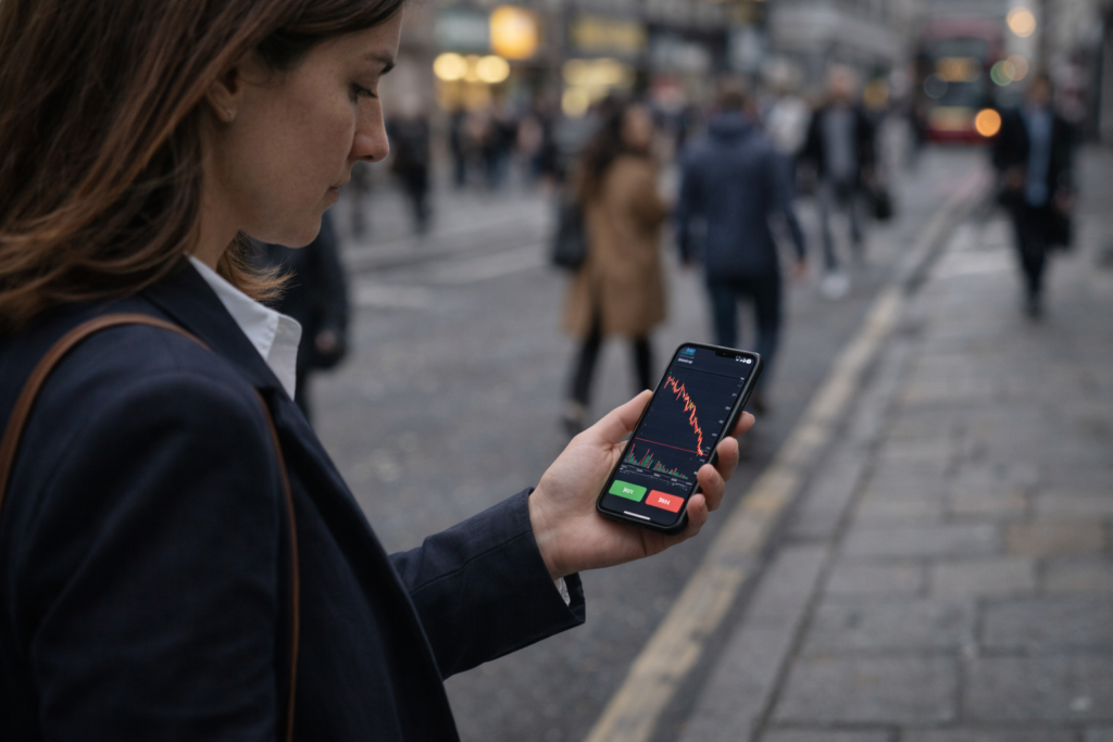 A woman looks at a smartphone showing a sharply declining price chart while standing on a city street.