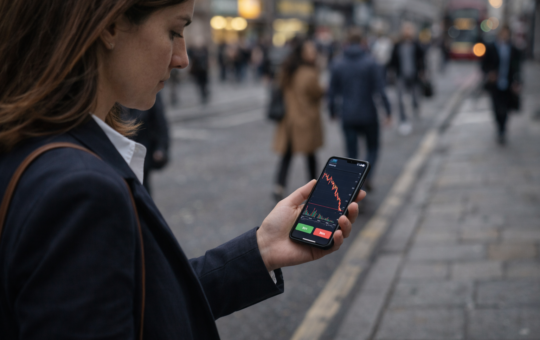 A woman looks at a smartphone showing a sharply declining price chart while standing on a city street.