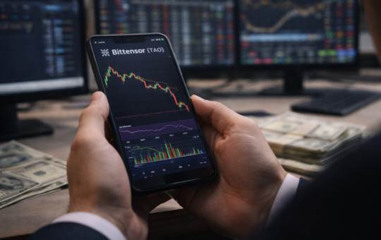 An investor holds a smartphone displaying a cryptocurrency candlestick chart while monitoring markets at a trading desk.