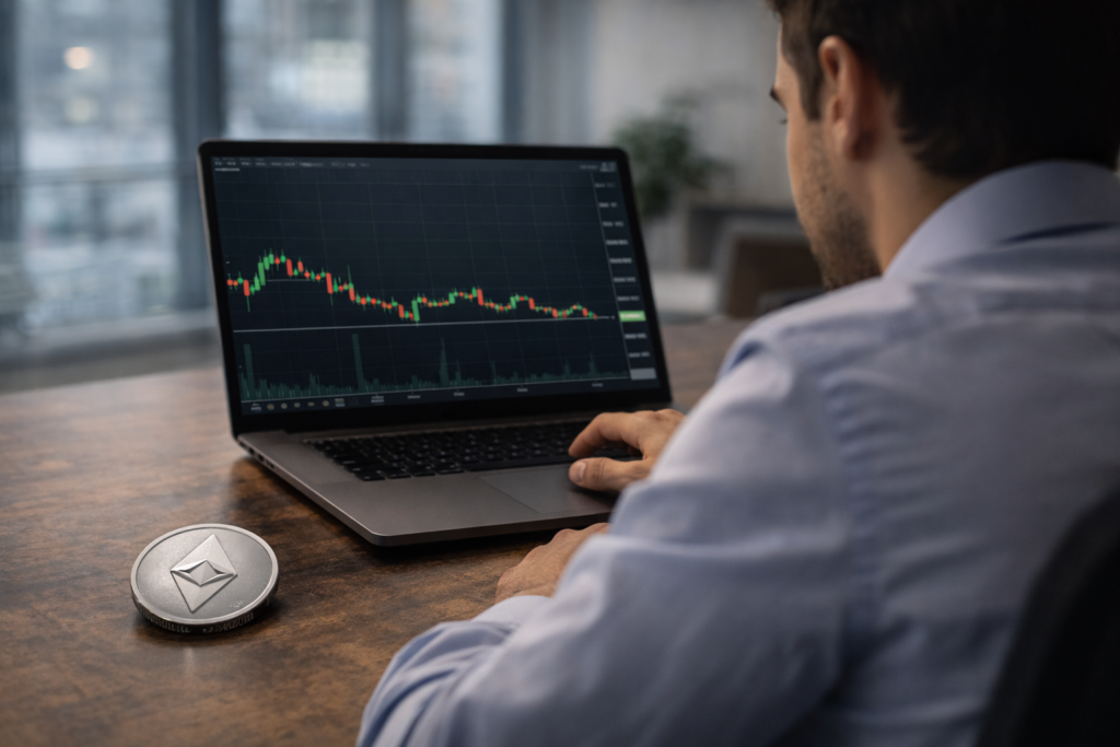 A man looks at a laptop displaying a cryptocurrency price chart, with an Ethereum coin placed on the desk beside him.