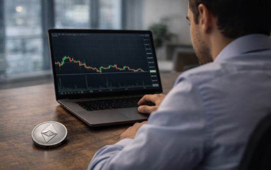 A man looks at a laptop displaying a cryptocurrency price chart, with an Ethereum coin placed on the desk beside him.