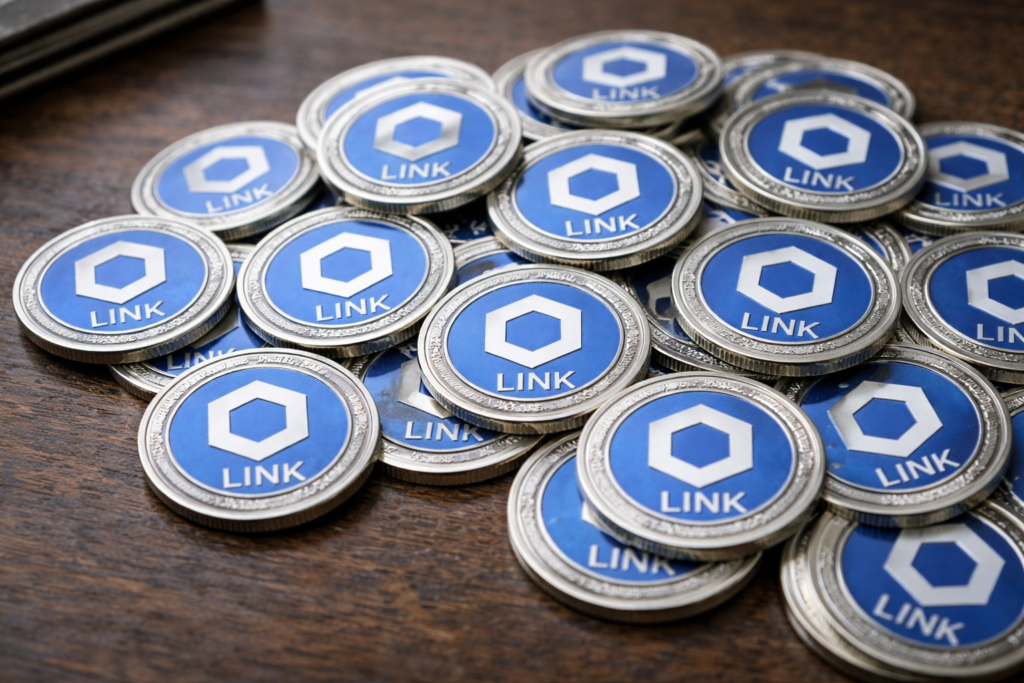 Physical Chainlink (LINK) tokens arranged in a pile on a wooden surface.