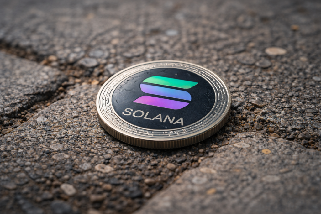 A Solana cryptocurrency coin lies on a rough pavement surface.