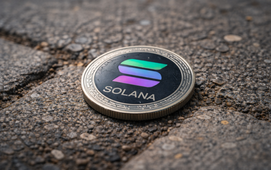 A Solana cryptocurrency coin lies on a rough pavement surface.